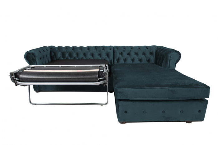 Canapea 2 locuri extensibila cu sezlong Chesterfield, albastru verzui, 245x85/175x70 cm [7]