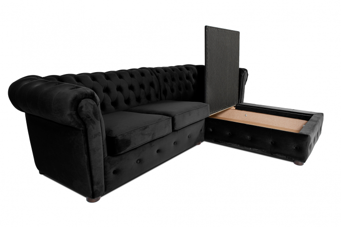 Canapea 2 locuri extensibila cu sezlong Chesterfield, negru, 245x85/175x70 cm [4]