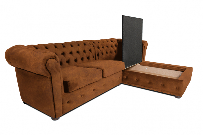 Canapea 2 locuri extensibila cu sezlong Chesterfield, coniac, 245x85/175x70 cm [5]