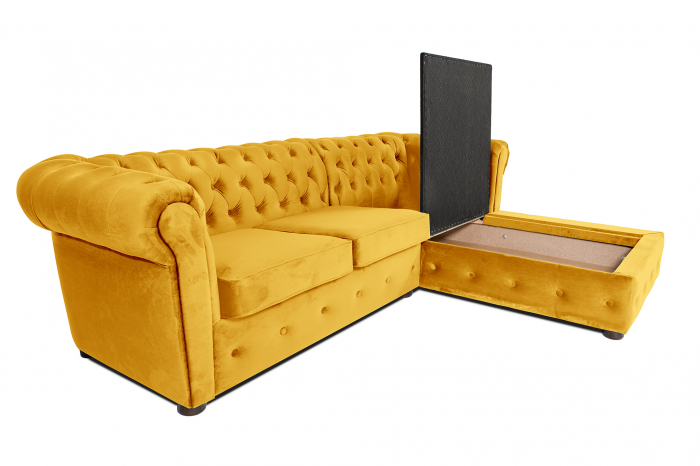 Canapea 2 locuri extensibila cu sezlong Chesterfield, galben, 245x85/175x70 cm [5]