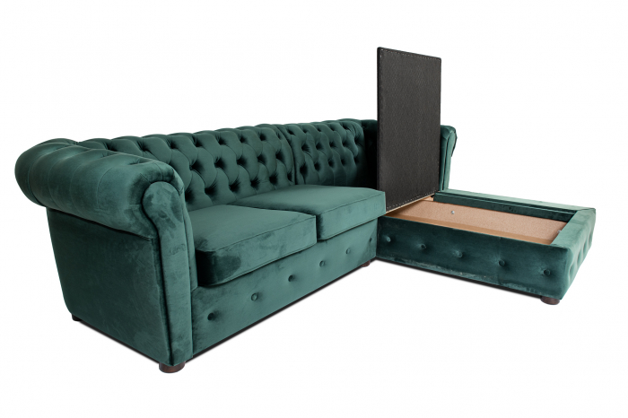 Canapea 2 locuri extensibila cu sezlong Chesterfield, verde, 245x85/175x70 cm [5]