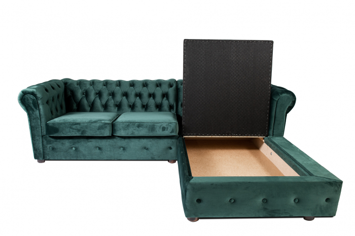 Canapea 2 locuri extensibila cu sezlong Chesterfield, verde, 245x85/175x70 cm [4]