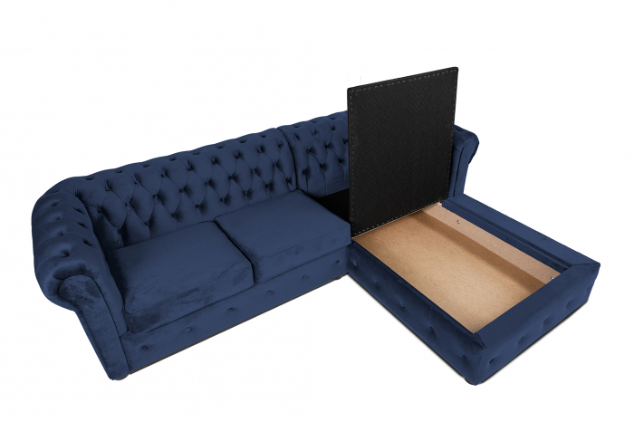 Canapea 2 locuri extensibila cu sezlong Chesterfield, albastru petrol, 245x85/175x70 cm [4]