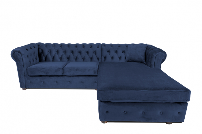 Canapea 2 locuri extensibila cu sezlong Chesterfield, albastru petrol, 245x85/175x70 cm [2]