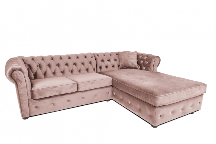 Canapea 2 locuri extensibila cu sezlong Chesterfield, roz, 245×85 175×68 cm LOTUSLAND imagine noua elgreco.ro