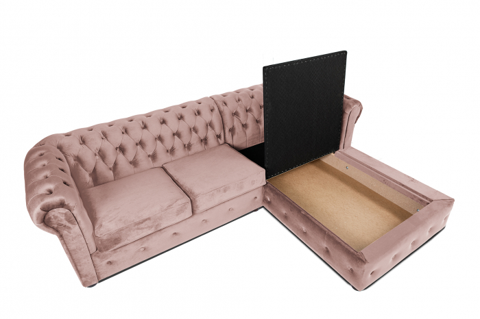 Canapea 2 locuri extensibila cu sezlong Chesterfield, roz, 245x85/175x70 cm [4]