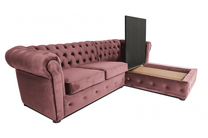 Canapea 2 locuri extensibila cu sezlong Chesterfield, roz, 245x85/175x70 cm [5]