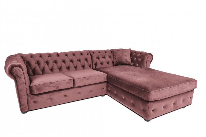 Poza Canapea 2 locuri extensibila cu sezlong Chesterfield, roz, 245x85 175x68 cm