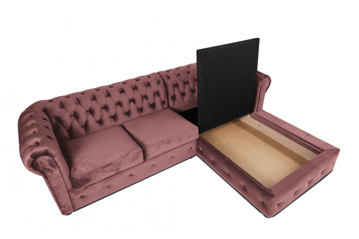 Canapea 2 locuri extensibila cu sezlong Chesterfield, roz, 245x85/175x70 cm [4]