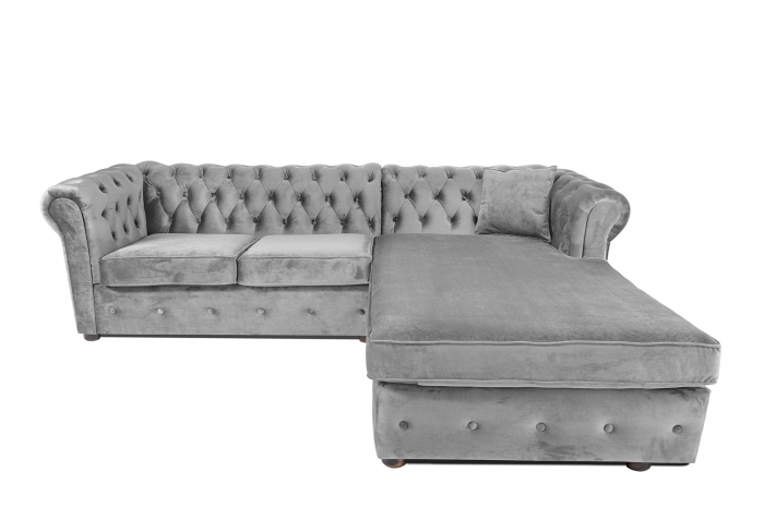 Canapea 2 locuri extensibila cu sezlong Chesterfield, gri, 245x85/175x70 cm [2]