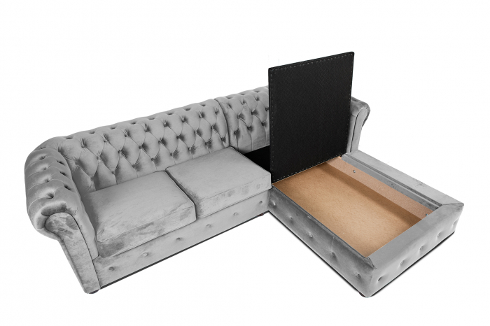 Canapea 2 locuri extensibila cu sezlong Chesterfield, gri, 245x85/175x70 cm [4]