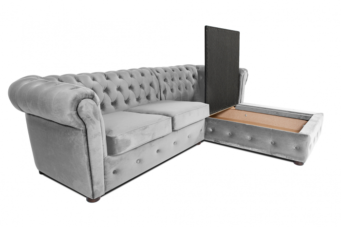 Canapea 2 locuri extensibila cu sezlong Chesterfield, gri, 245x85/175x70 cm [5]