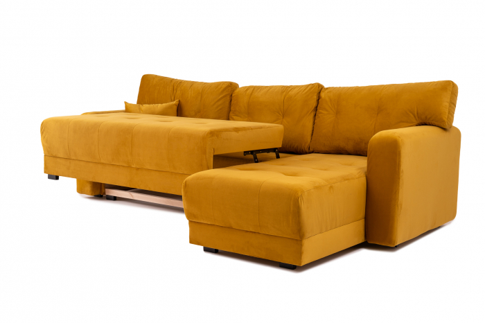 Canapea coltar OSCAR, 2 locuri extensibila, cu sezlong, spatiu depozitare Chesterfield, galben catifea, 245x85 cm [3]