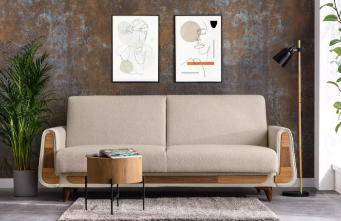Canapea extensibila 3 locuri GUSTAVO, Lemn/Stofa, bej plusat, 230x98x98 cm [1]