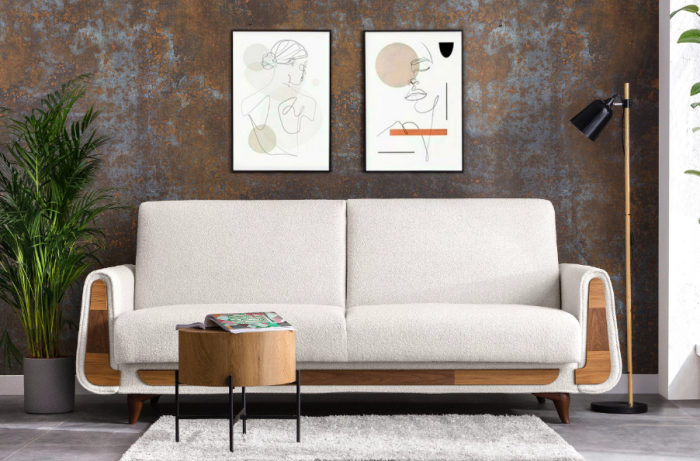 Canapea extensibila 3 locuri GUSTAVO, Lemn/Stofa, alb plusat, 230x98x98 cm [1]