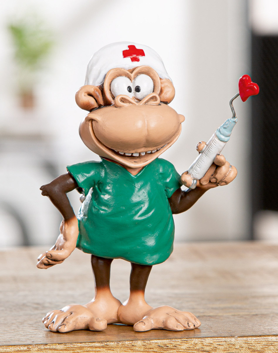 Caricatura Maimuta "Asistenta/ Doctor", Rasina sintetica, maro, gri, L. 6 cm, l. 10 cm, H 12 cm [1]