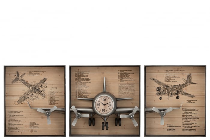 Ceas de perete avion in 3 parti, Metal Fier, Maro Argintiu, 225.5x26x75 cm