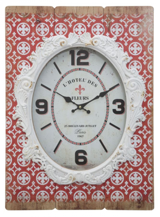 Ceas de perete Shiny, MDF sticla, rosu alb, 42X7,5X58 cm