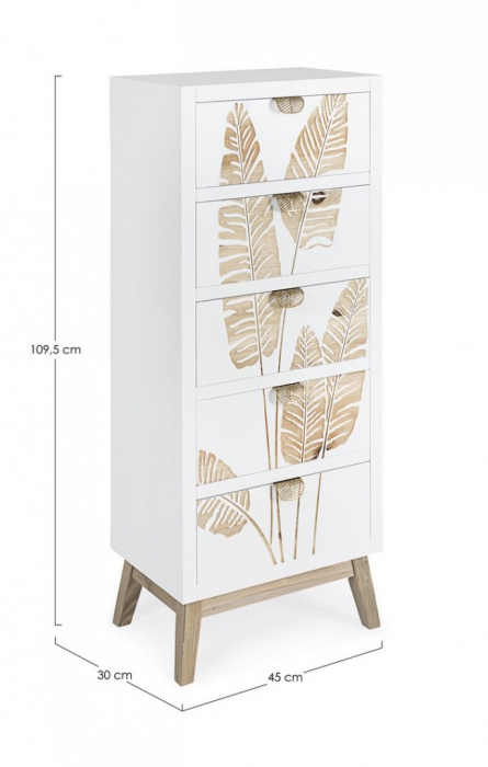 Comoda Folium cu 5 sertare, Lemn, Alb, 45x30x109.5 cm [2]