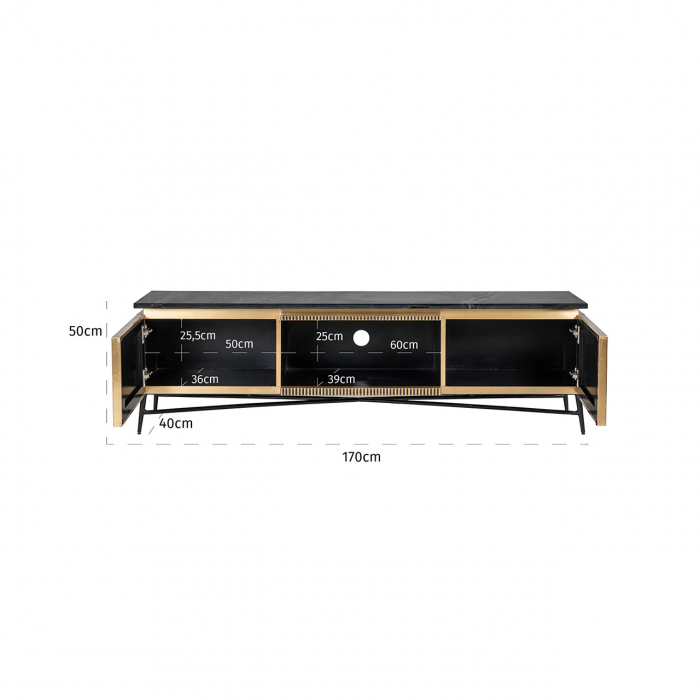 Comoda TV cu 2 usi  Ironville, MDF/Lemn/Metal/Marmura/Fier, Negru/Auriu, 50x170x40 [7]