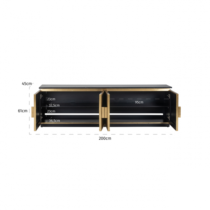 Comoda TV cu 4 usi  Ironville, MDF/Lemn/Metal/Marmura/Fier, Negru/Auriu, 200X45X61 [3]