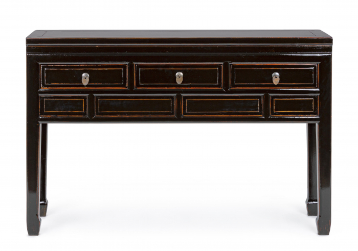 Consola Jinan cu 3 sertare, Lemn de ulm, Maro inchis, 128x30x88 cm [2]