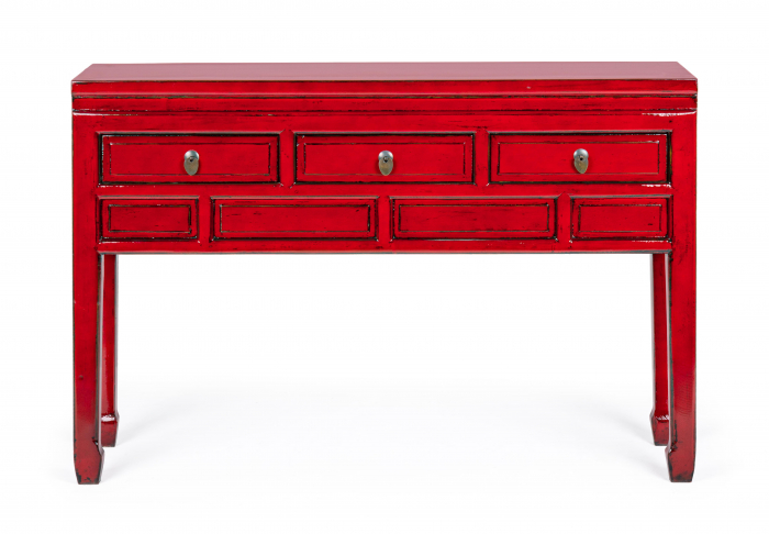 Consola Jinan cu 3 sertare, Lemn de ulm, Rosu, 128x30x88 cm [2]