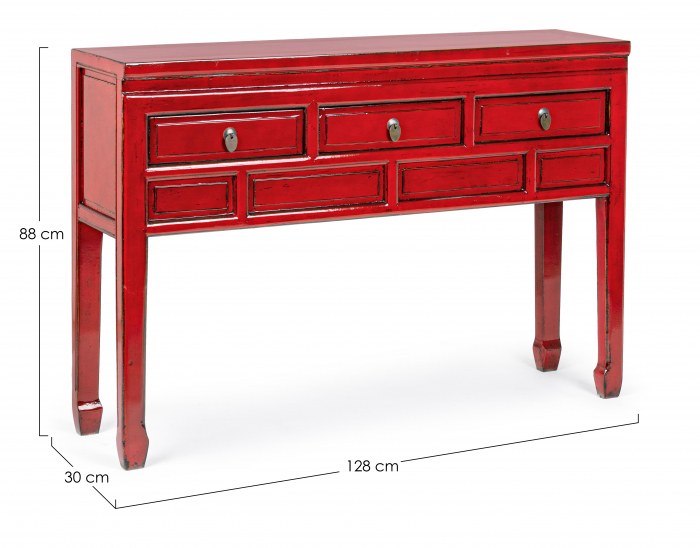 Consola Jinan cu 3 sertare, Lemn de ulm, Rosu, 128x30x88 cm [8]