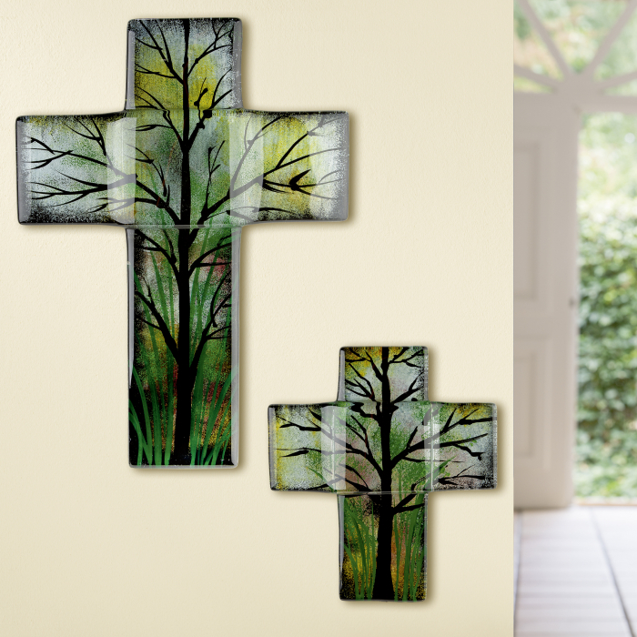 Cruce pentru perete Tree Design, sticla, verde maro, 16x18x2 cm lotusland.ro