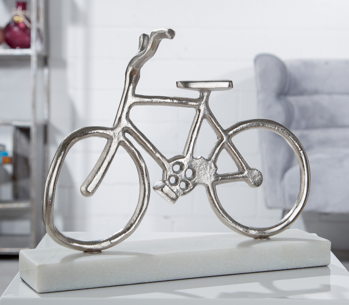 Decoratiune Bike on base, Aluminiu, Alb Argintiu, 35x28x12.5 cm