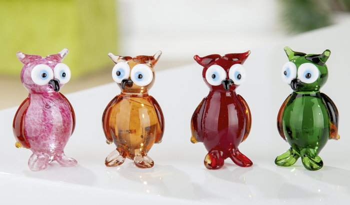 Set 4 bufnite asortate OWL, sticla, multicolor, 3,5x3x5,5 cm