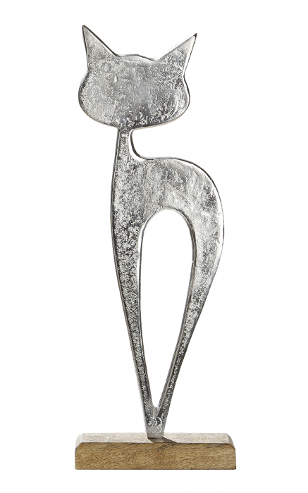 Decoratiune Cat Luna, aluminiu lemn, argintiu maro, 16x43x5 cm cm