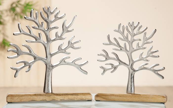 Decoratiune copac, aluminiu lemn, argintiu maro, 32x30x5 cm