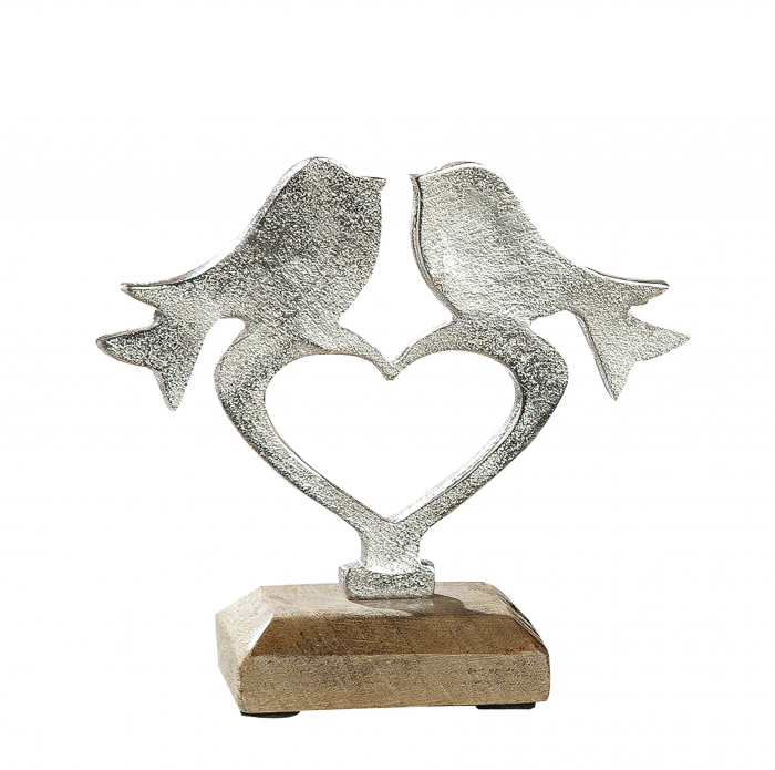 Decoratiune Couple of Bird on Heart, aluminiu/lemn, argintiu/maro, 14.5x13.5 cm [2]