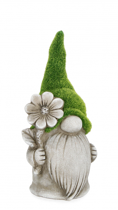 Decoratiune pentru gradina Gnome With Flower, Gri Verde, Compozit, 31 cm