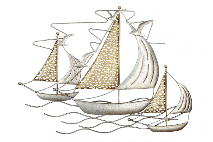 Poza Decoratiune de perete 3 sailing ships, metal, argintiu auriu 71x52x2 cm