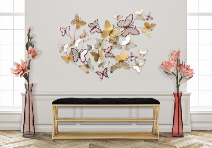 Decoratiune de perete Butterflies, Fier, Multicolor, 95.5x132x3.5 cm lotusland.ro