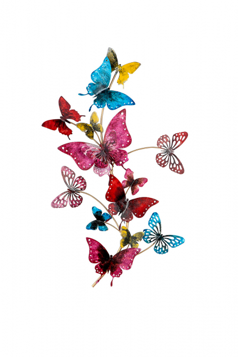 Decoratiune de perete Butterflies, Metal, Multicolor, 40x66x6 cm