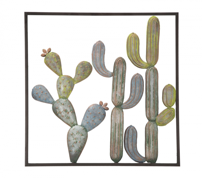 Decoratiune de perete cactus, fier, verde bleu, 50X1,3X50 cm