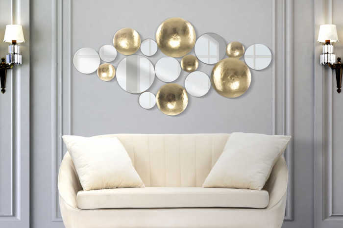 Decoratiune de perete cu oglinda GLAM, Metal Oglinda, Auriu Argintiu, 118X2.5X60 cm