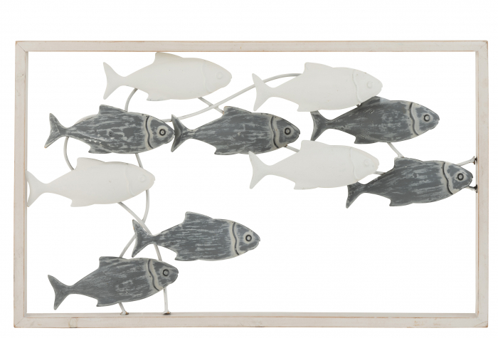 Decoratiune de perete Fish Swimming, Metal Fier, Alb Gri, 50x30x3 cm 50x30x3