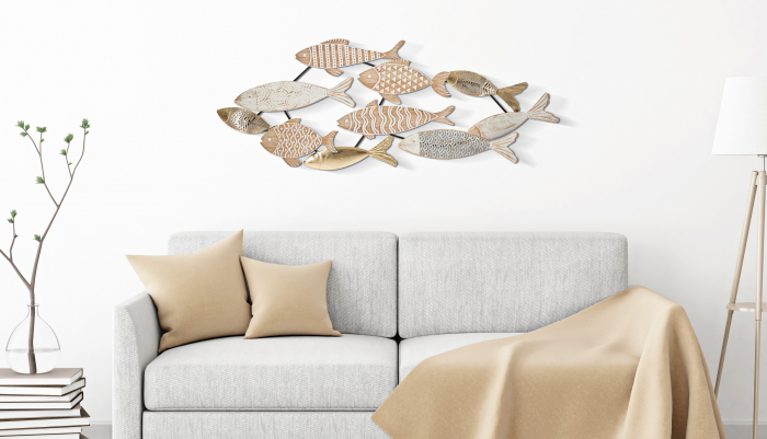 Decoratiune de perete Fishy, Fier MDF, Multicolor, 46.4x118x5.7 cm