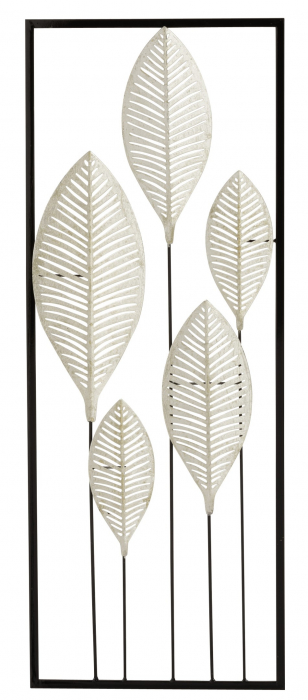 Decoratiune de perete Leaves, Metal Fier, Argintiu Negru, 28.5x3x3 cm