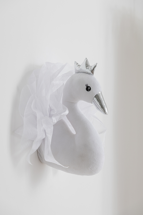 Decoratiune de perete Swan, Fibre sintetice, Alb/Argintiu, 46x20x37 cm [3]