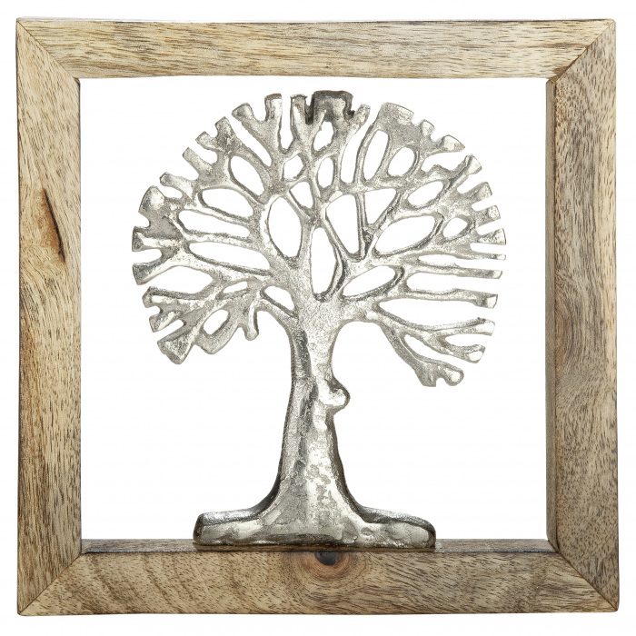 Decoratiune de perete Tree of Life, aluminiu lemn, argintiu maro, 20x20x2 cm