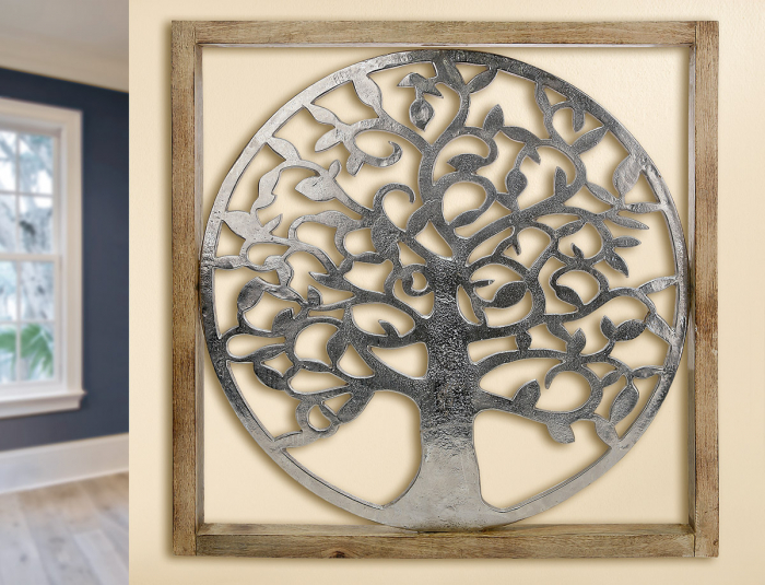 Poza Decoratiune de perete Tree of Life, aluminiu lemn, argintiu maro, 60x60x3.5 cm