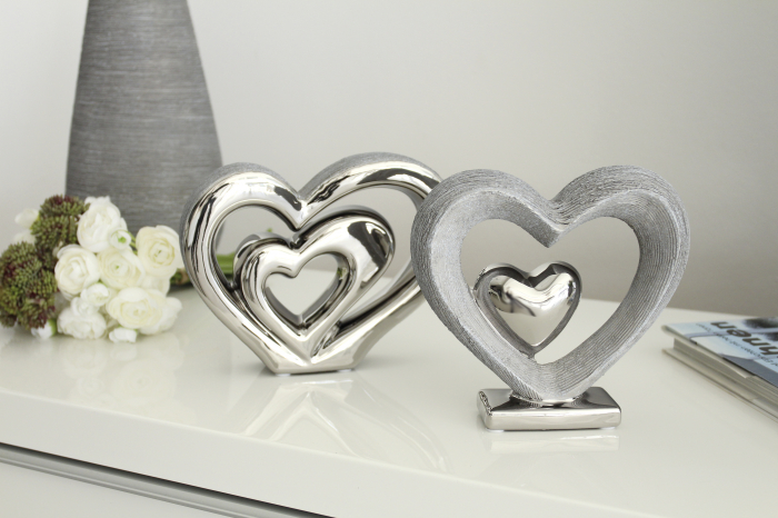 Decoratiune Double heart Vulcanos, ceramica, argintiu, 15x4x14 cm