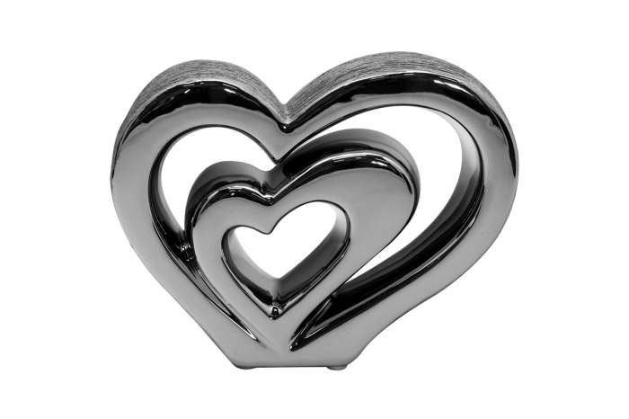 Decoratiune Double heart Vulcanos, ceramica, argintiu, 18x4.5x14 cm