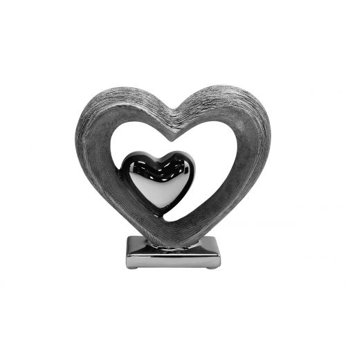 Decoratiune Double heart Vulcanos, ceramica, argintiu, 15x4x14 cm