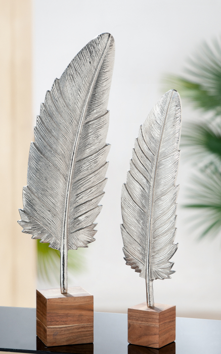Decoratiune Feather, aluminiu lemn, argintiu maro, 19x65.5x10.5 cm